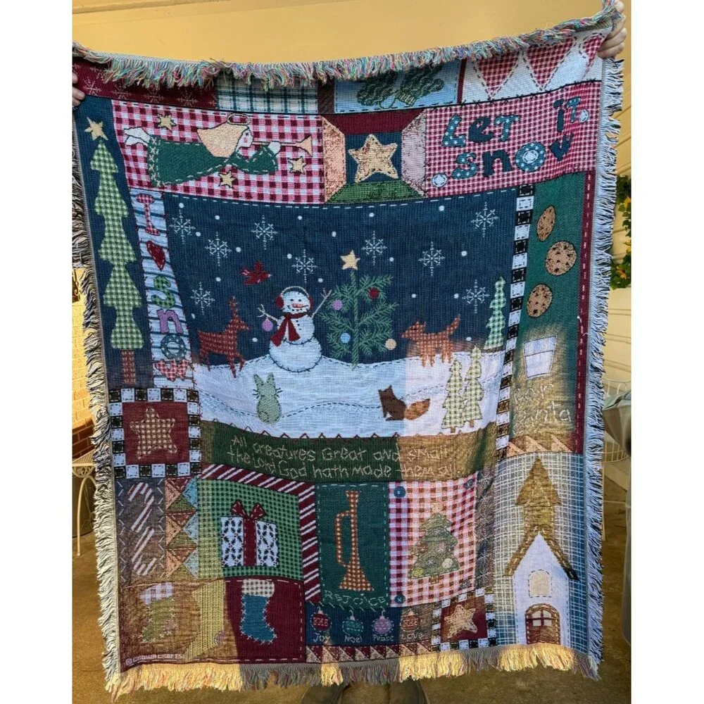 Christmas Tapestry Throw Blanket Snowman Forest Animals Farmhouse Lodge 50x48